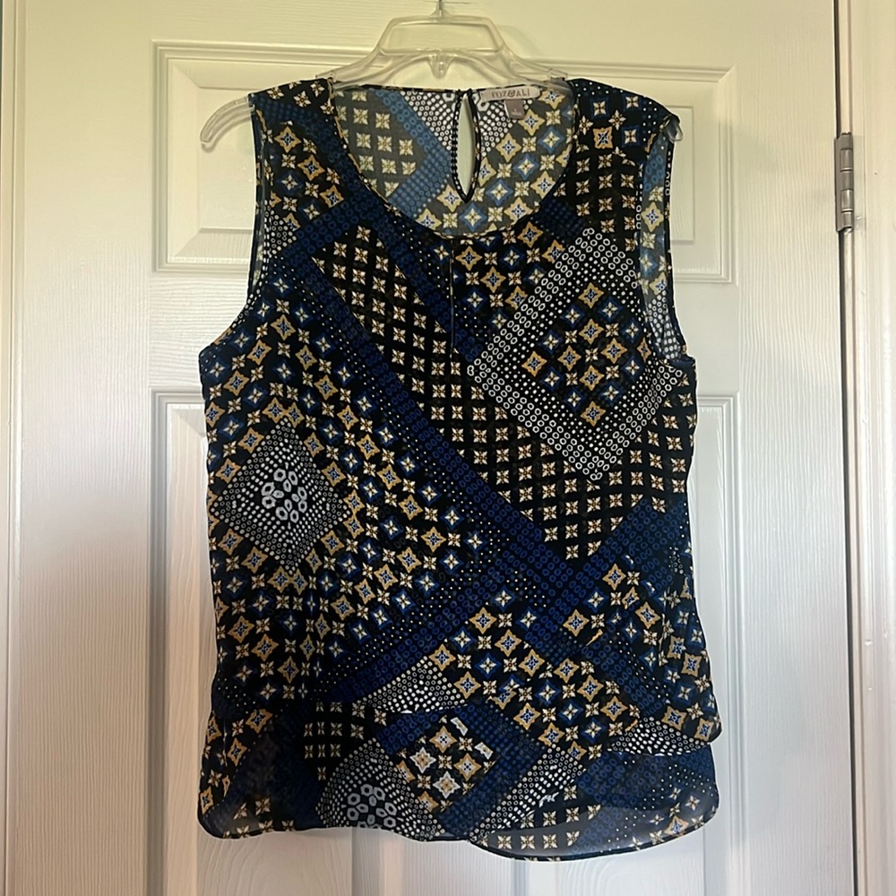 Large blue, black and gold blouse with scallop trim